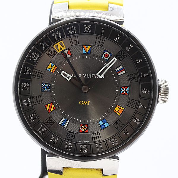 良品 稼働 ルイヴィトン タンブール ムーンデュアルタイム GMT QA097 QZ グレー文字盤 メンズ腕時計 0048510 6ERT IGW ABC25164