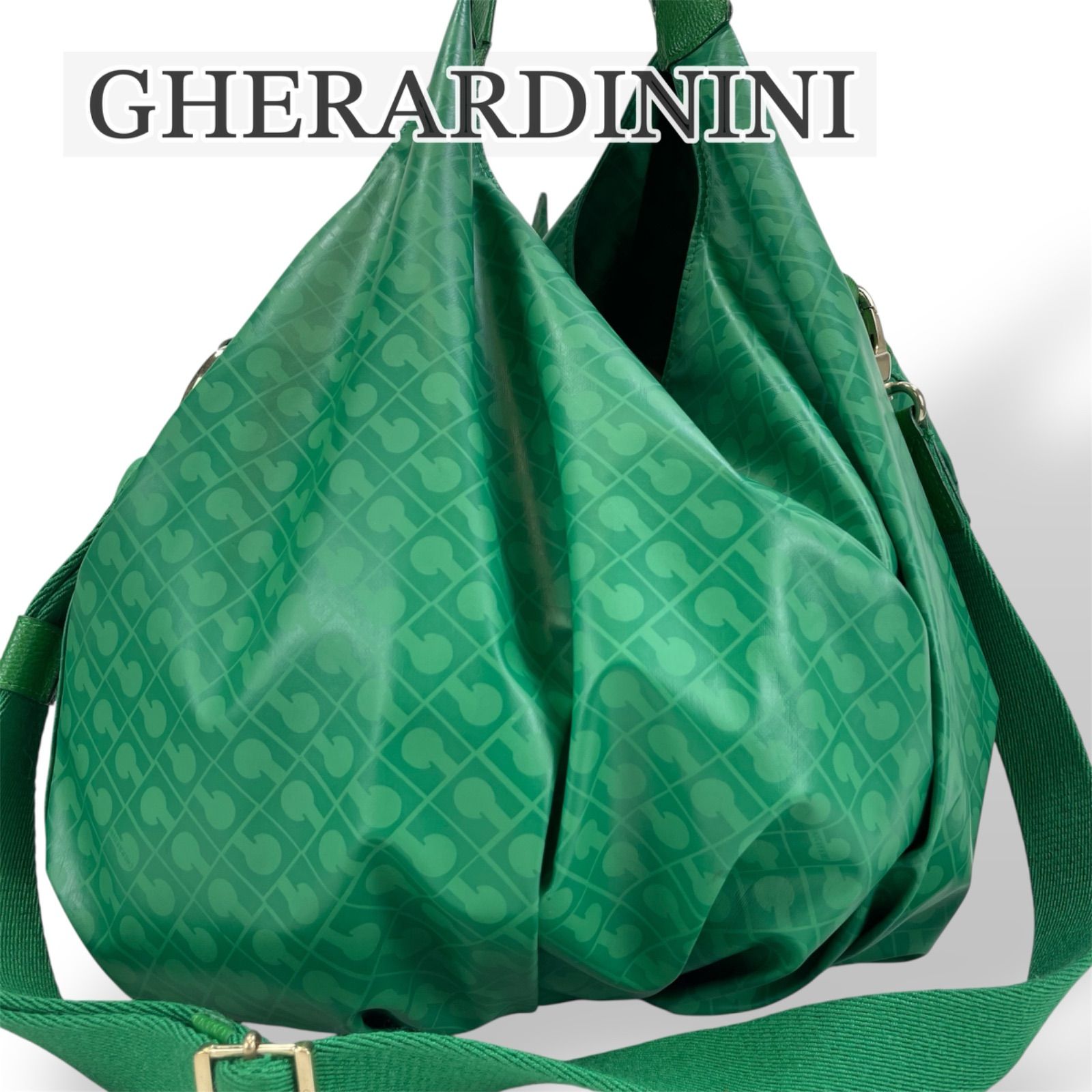 【美品】GHERARDINI ゲラルディーニ　ホーボー　 ソフティ トートバッグ 2way ショルダーバッグ 緑 グリーン 総柄 Gモノグラム 軽量 大容量 斜め掛け 肩掛け ハンドバッグ ポーチ 旅行 サブバッグ ナイロン レザー A4 本物