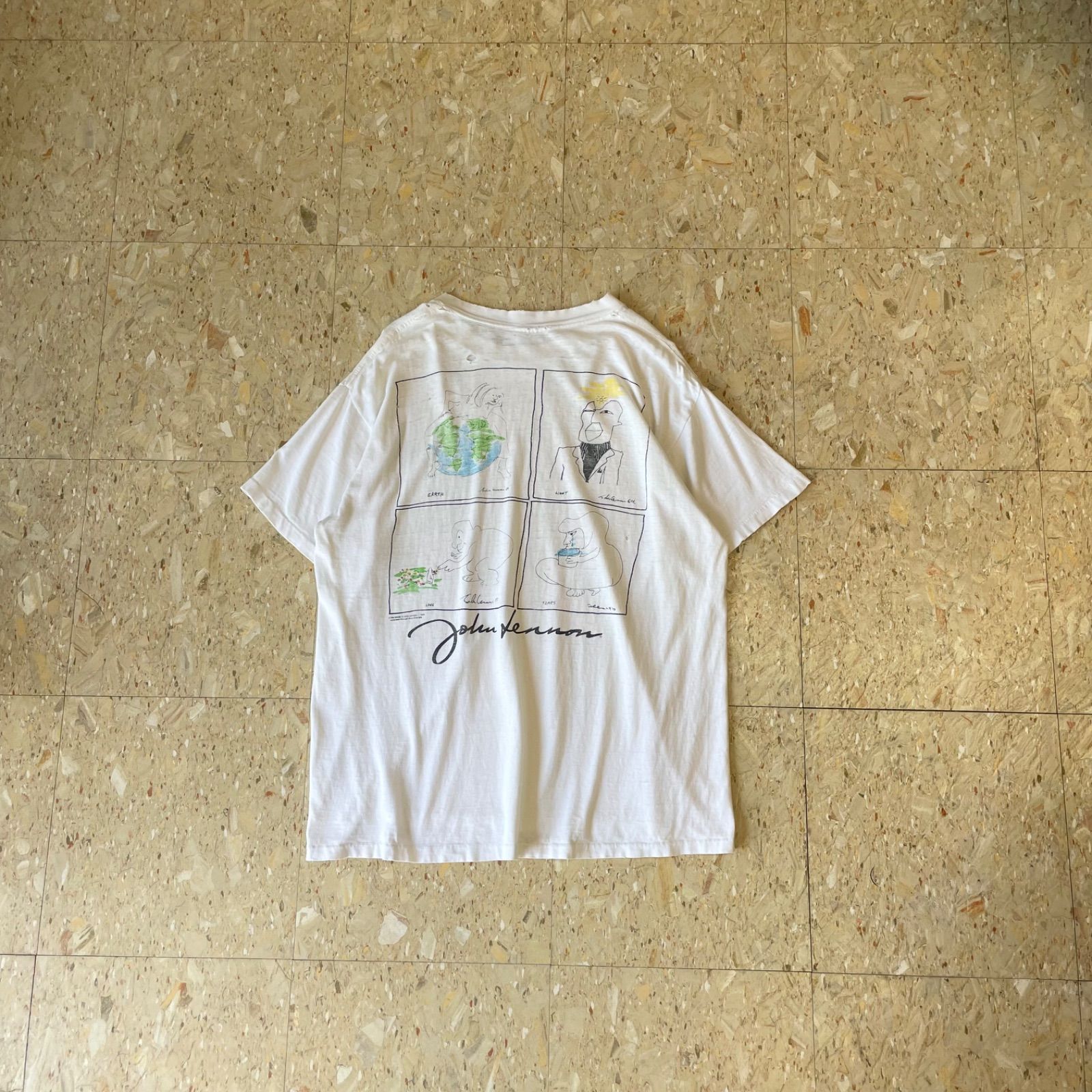 90s USA製 【 Hard Rock CAFE 】 ハードロックカフェ signature series ジョンレノン Tシャツ ボロ size.XL