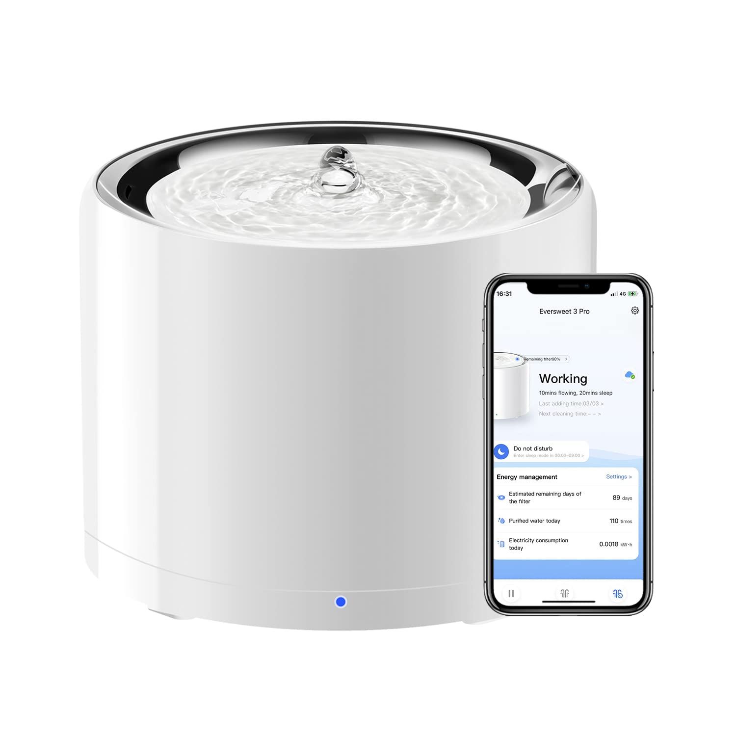 PETKIT ペット 給水器 水飲み器 コードレス 静音ポンプ UV機能あり 循環式 三重濾過 自動パワーオフ LEDライト付き 大容量 猫 犬 1.8L ホワイト EVERSWEET 3 PROmt e7eb99ae