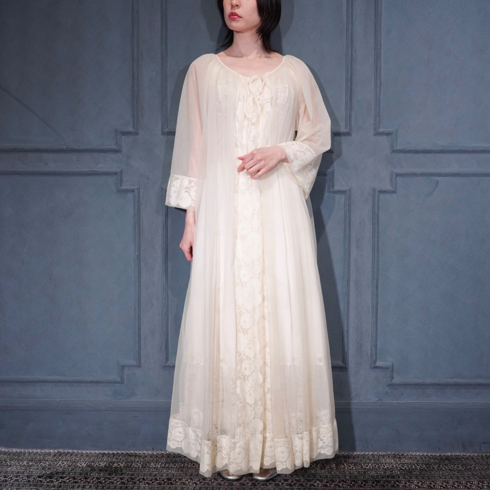 60's USA VINTAGE Miss Elaine DOUBLE LACE SHEER DESIGN NIGHTY DRESS GOWN/60年代アメリカ古着ダブルレースシアーデザインナイティドレスガウン