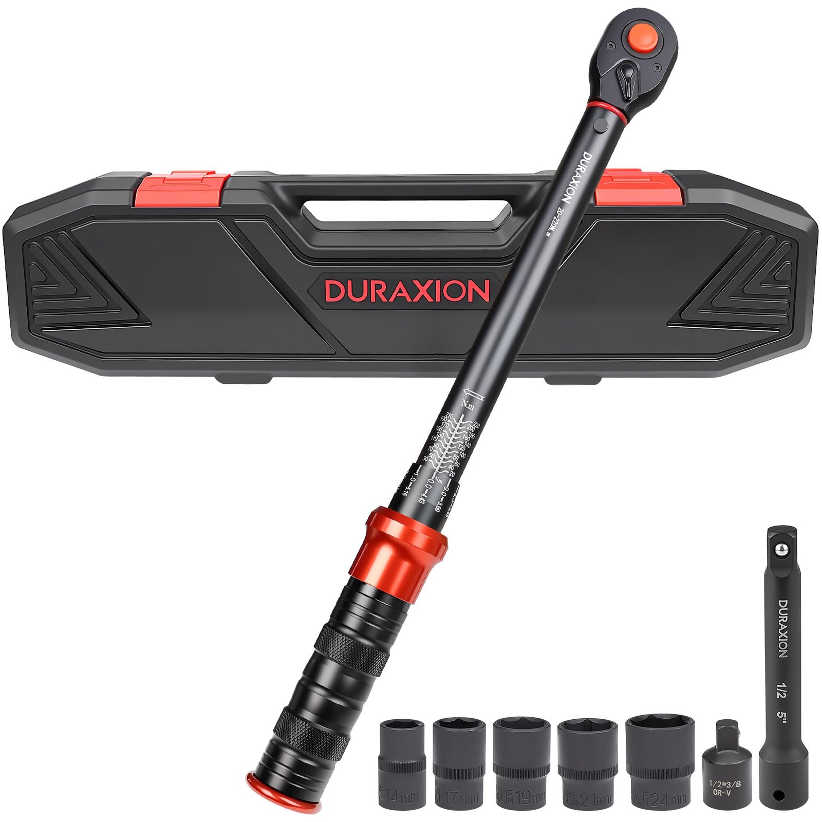 1/2インチ トルクレンチ セット 8点組 レッド トルクレンチ 車 プレセット型 差込角12.7 mm 20-220N.m タイヤ交換 バイク用 自動車 エンジン 作業工具 オートバイ 機械の整備 高精度 正向±3％ 逆向±5％ 見やすいダ 7c1023fd