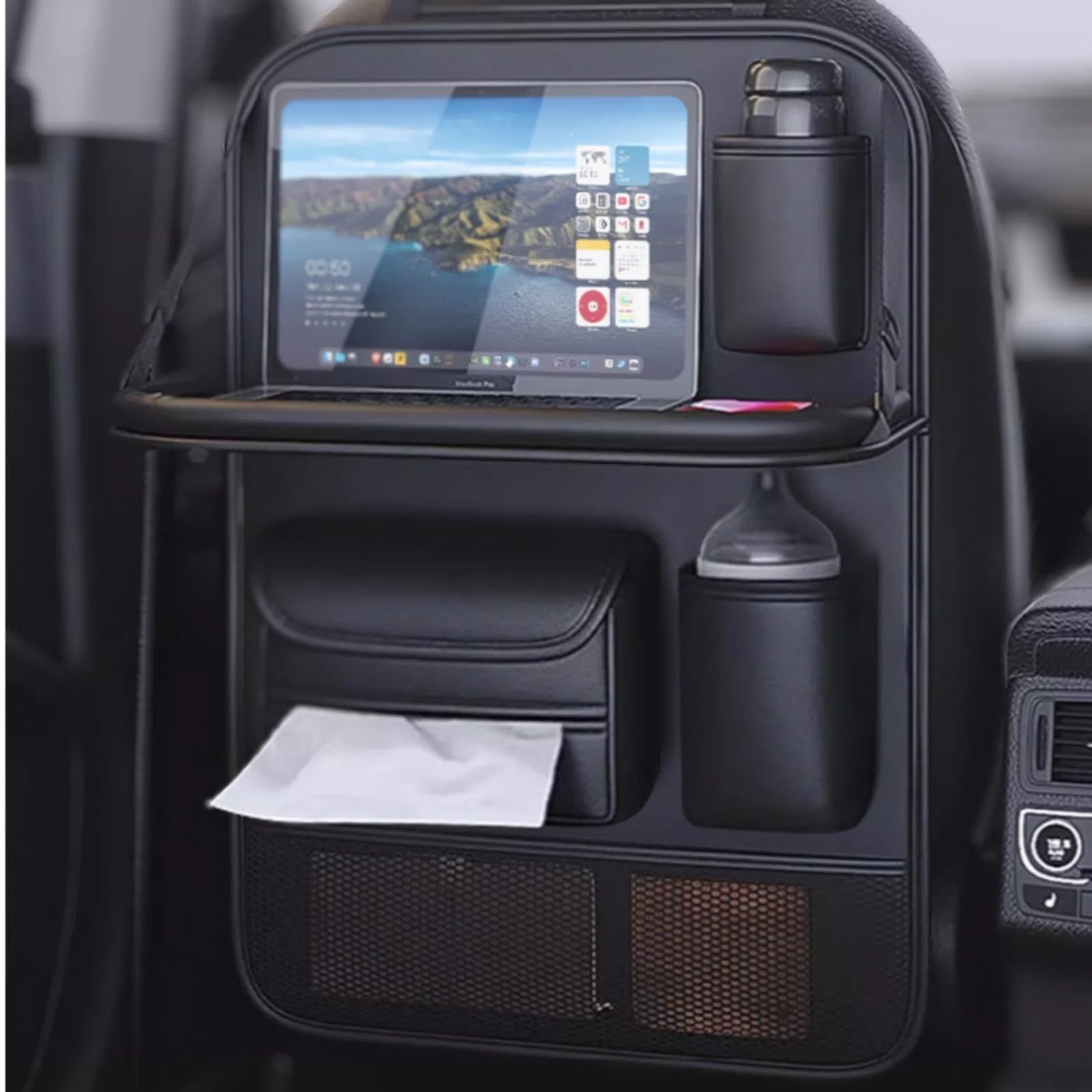【全ティッシュ対応】車 収納 シートバックポケット テーブル付き 後部座席 iPad操作 24.5cm大型ケース 車内便利グッズ 防水 防汚 SOEDZUNG 改良型 ロングスタイル(ブラック)as c3b0cd6f