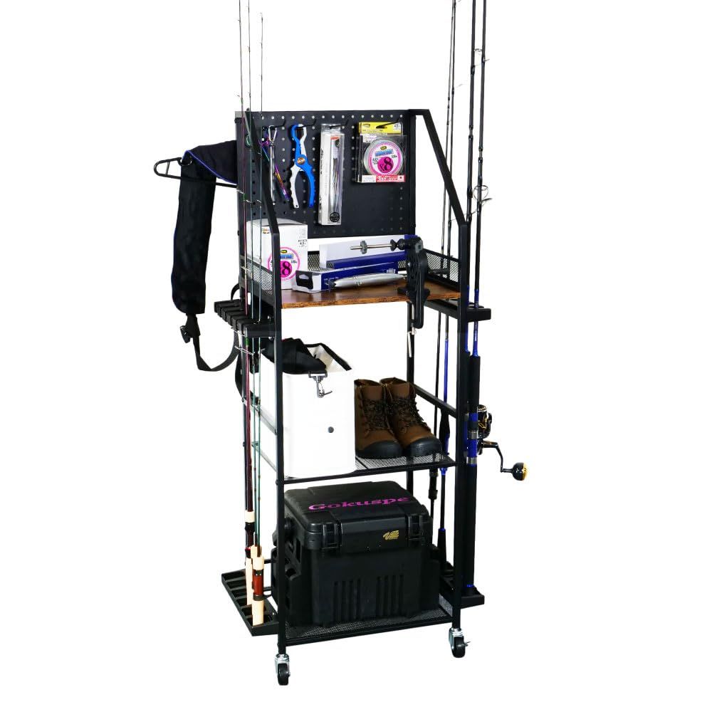 おり釣具 移動式 多機能ロッドスタンド 3段式 12本立て マグネット対応 パンチングボード＆キャスター付き (ori-786195)送料無料 b294e562