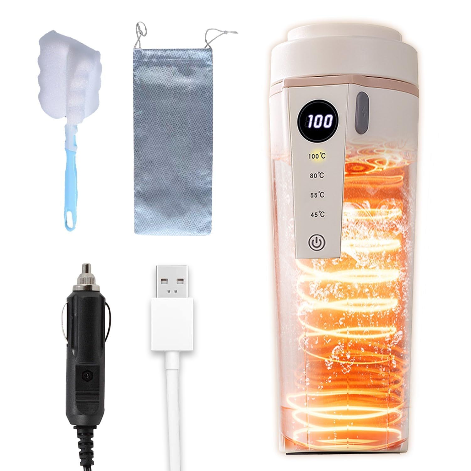 車載電気ケトル 車用電気ポット DC12V対応 SUS316ステンレス シガーライター＆USB給電 温度調整可能 LEDディスプレイ 湯沸し器 湯ボルト 電気ポット 車中泊 トラベル 通勤as 3a5f9ff1