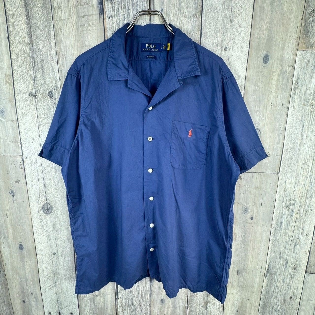 POLO RALPH LAUREN ポロ ラルフローレン 現行 QRコードタグ サーモンピンク ポニー 刺繍 CLASSIC FIT クラシックフィット ネイビー 半袖 オープンカラー 開襟 シャツ メンズ L サイズ