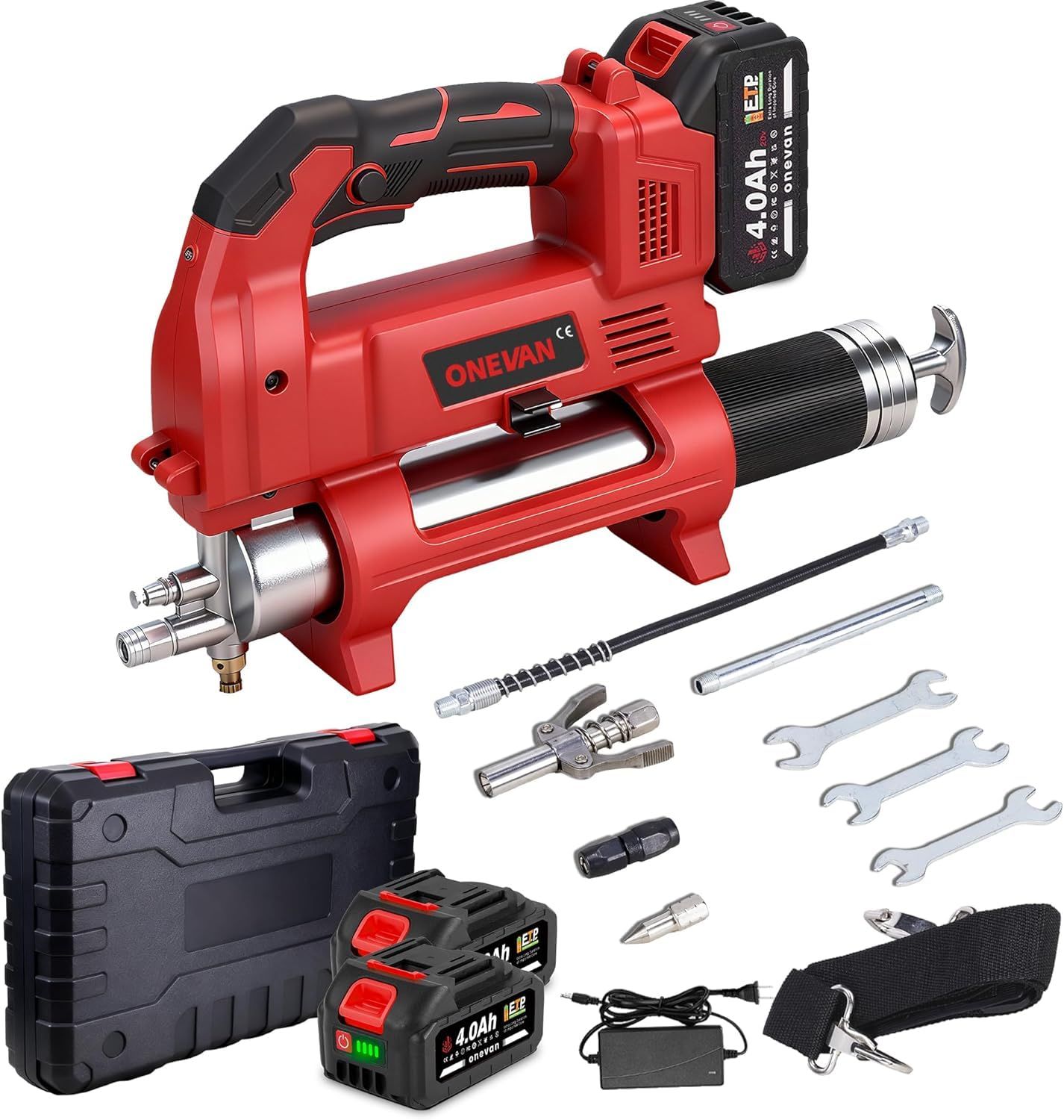 ONEVAN 充電式グリースガン 12000PSI 無刷モーター搭載 高効率給油ツール 2バッテリー+充電器セット 最大吐出量140g/min 600cc タンク LEDライト付き 1mホース 農業機械・車両・重機用（クイックノズル・日本語取 d85f9f38