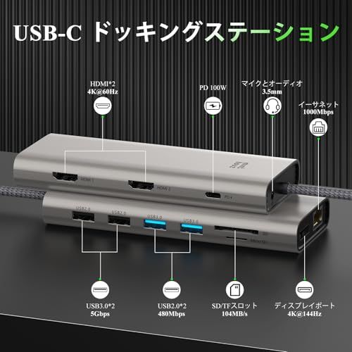 ドッキングステーション hdmi 2つ usb ハブ 12 in 1 Type C ハブ USB-Cドッキング 3画面出力 lan ハブ 4K@60Hz マルチモニター 1Gbps PD100W 急速充電 2*HDMI+DP type-c デ 1b597836