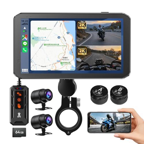 【新品】【2026 バイク用ドライブレコーダー CarPlay AndroidAuto 搭載 1台4役 バイク用ナビ 5インチ IP67防水 前後2Kカメラ BSD死角検知 TPMS空気圧監視 GPS内蔵 自動調光 スマホ連動 バイク ドラレ bc10fa6e
