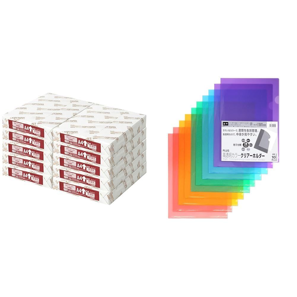 新品 【セット品】プラス コピー用紙 A4 5000枚 (500枚×10冊) 56-001×10 + クリアホルダー A4 10枚パック 高透明カラー 5色セット