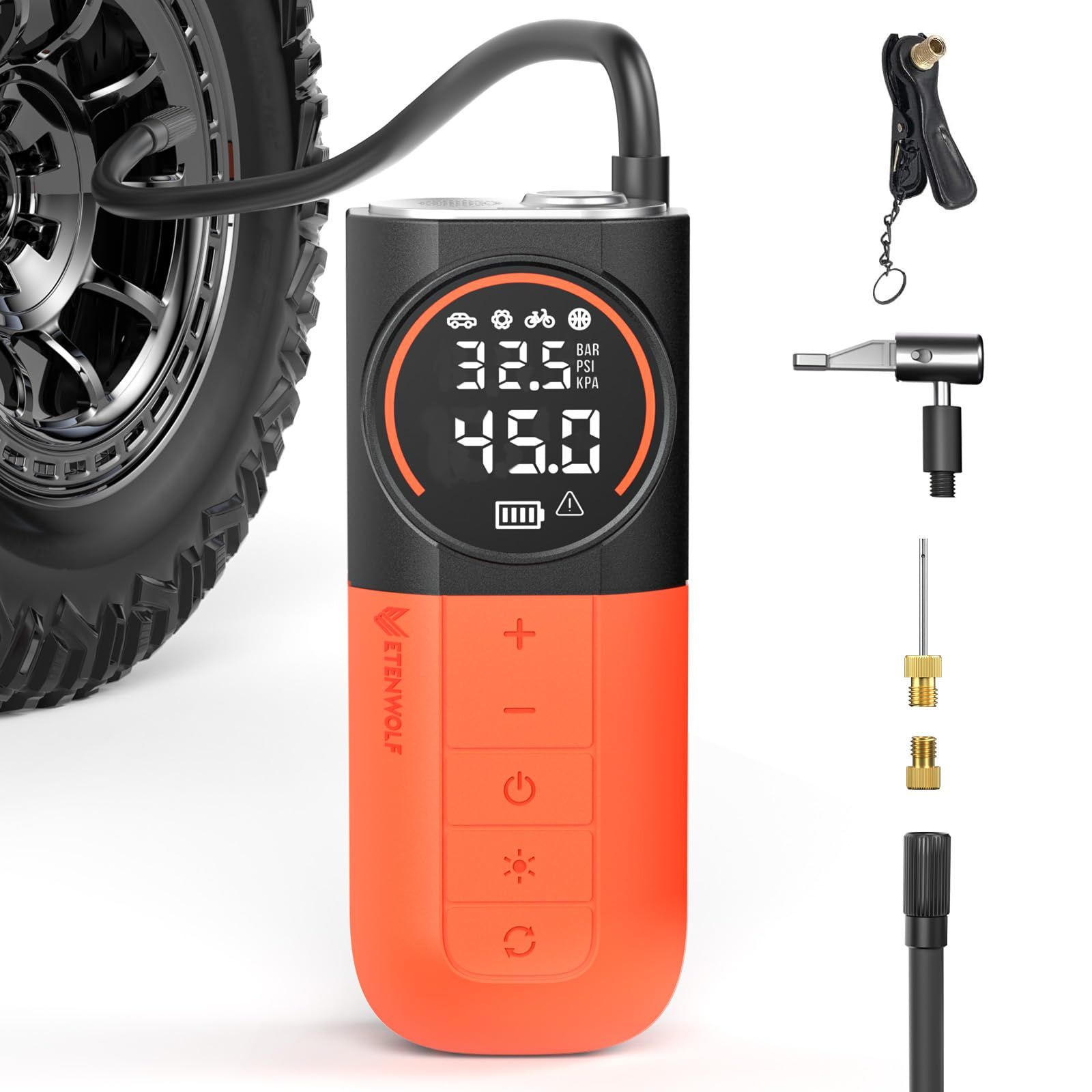 【新品】ETENWOLF 自転車 空気入れ 電動 1 分で急速膨張 コードレス 電動空気入れ 5200mAh 大容量バッテリー 仏/英/米式バルブ全対応 デジタル圧力ゲージ LED ライト付き 160 PSI 電動エアポンプ 車タイヤ 自転車 83b3bb19