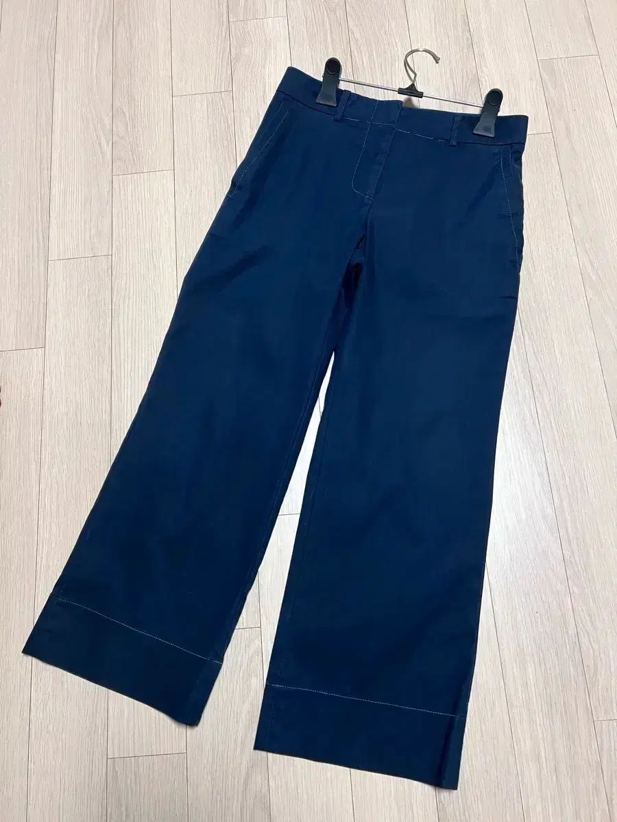 LUCKY CHOUETTE スティッチ シャカシャカ素材 コットン ストレッチ ワイドパンツ ネイビー スラックス ズボン 春 秋