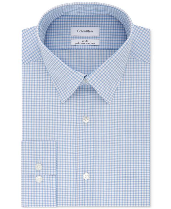 カルバンクライン メンズ トップス シャツ Calvin Klein Mens SlimFit NonIron Performance Stretch Blue Check Dress Shirt B