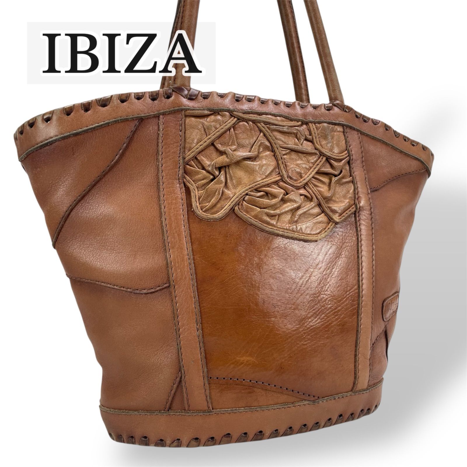 【美品】IBIZA イビサ トートバッグ ハンドバッグ 肩掛け A4 バケツ型 フラワーモチーフ カットワーク ブラウン キャメル 本革 レザー レディース カバン イビザ ブランド 本物 鞄 かばん ステッチ レトロ 軽い