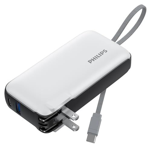 R◆Philips(フィリップス) コンセント一体型 10000mAh ACプラグ付き 大容量 携帯充電器 PD 20W出力 3台同時充電 折りたたみ式/Type-Cケーブル内蔵/パススルー機能/ディスプレイ搭載/アダプター変換可能 PSE認 462d3abf
