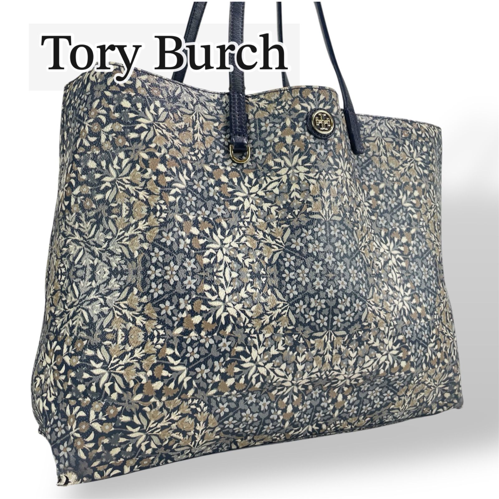 【美品】Tory Burch トリーバーチ トートバッグ ハンドバッグ ロビンソン 花柄 ボタニカル アラベスク モザイク 総柄 ネイビー 紺 A4 大容量 PVC レザー レディース カバン 美品 本物 鞄 肩掛け ビジネス マザーズバッグ