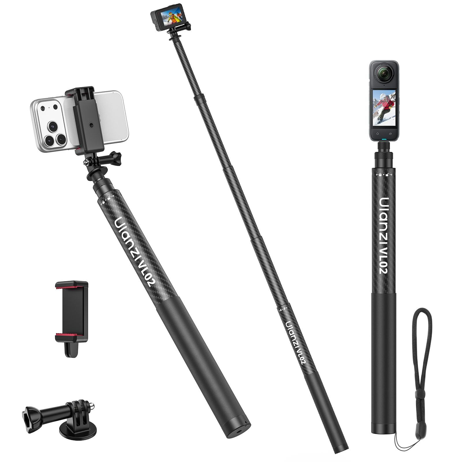 Ulanzi VL02 2.7m カーボン 自撮り棒 GoPro用/insta360 X5用/pocket 3用じどり棒 アクションカメラ 見えない自撮り棒 8段階伸縮 軽量 持ち運び便利 折りたたみ 1/4ネジつき 安定 手ブレ防止 パノラマ撮影 Insta