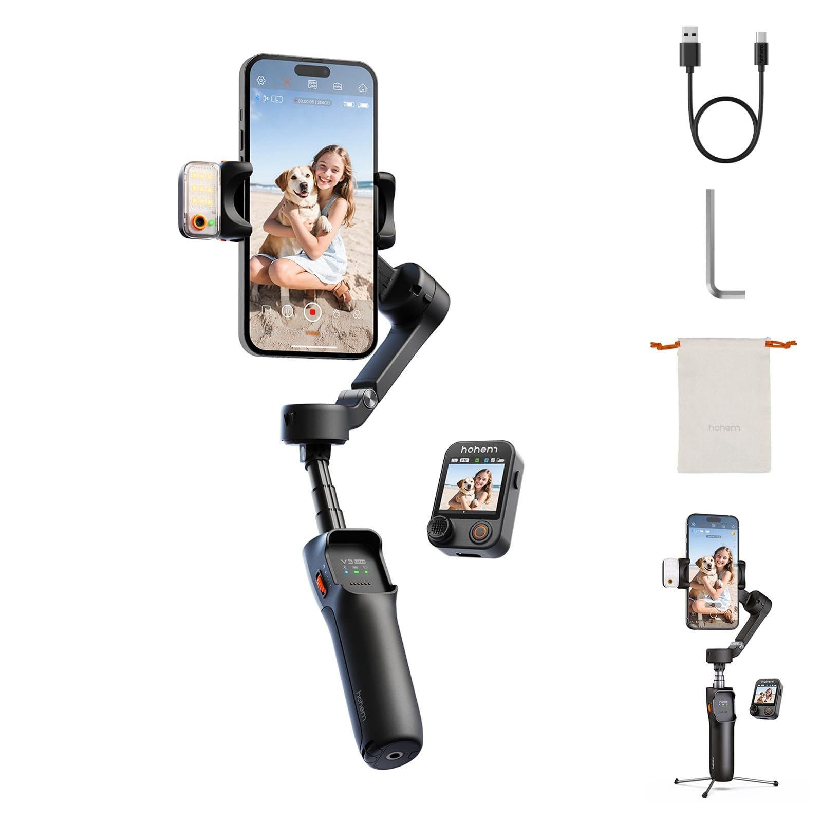 Hohem V3 Ultra ジンバルスタビライザー iPhone用 3軸スマホジンバル 磁気AIトラッカー 伸縮ロッド&三脚内蔵 10mリモコン iPhone&Android対応スタビライザー (ブラック)