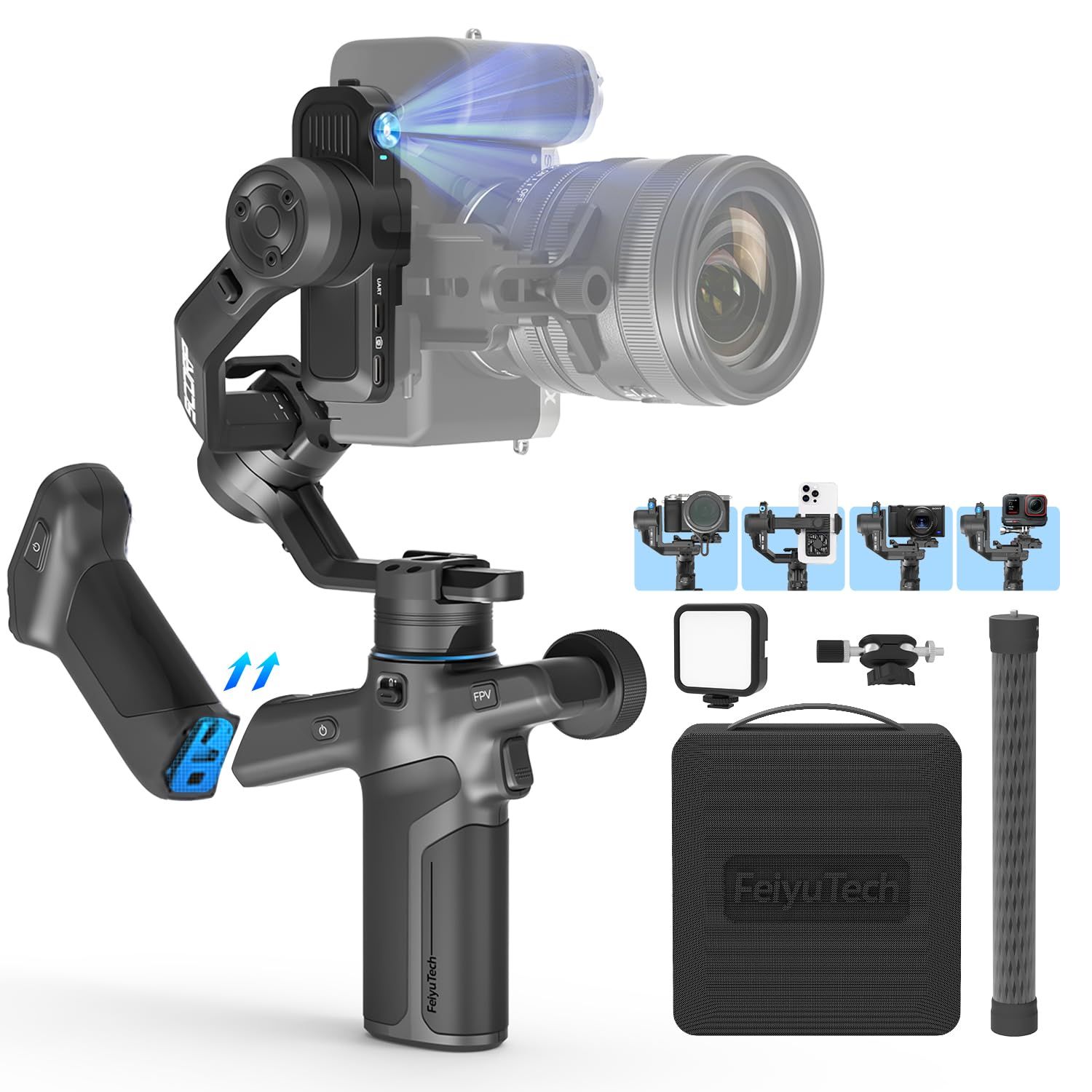 【日本正規品】 FeiyuTech SCORP Mini-3 PRO カメラ用 3軸ジンバル スタビライザー 2.0kg搭載量 幅広い機体に対応 手ブレ補正 三脚付き AIトラッキング内蔵 着脱式ハンドル リモコン付き ズームノブ搭載 自動軸ロック ローアング