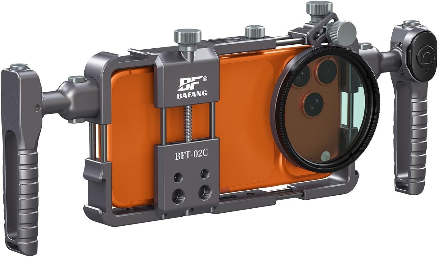 BF BAFANG スマホケージ 汎用 【67mmフィルター付き】 アルミ合金製 スマホジンバル Bluetoothシャッターリモコンボタン付き スマホビデオリグ 【クイックリリースハンドルデザイン】 スマホスタビライザー 手ブレ防止 全てのiPhoneとAn