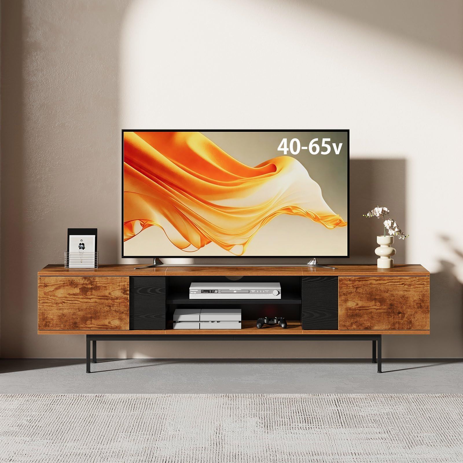 在庫処分 ブラック ビンテージ 幅150×奥行35×高さ39cm おしゃれ テレビ台 テレビ台 ローボード 扉付き収納 オープンシェルフ テレビボード 55型対応 YeTom