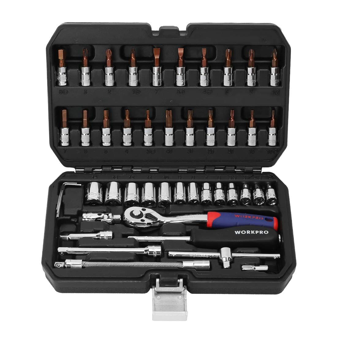 【新品】WORKPRO ソケットレンチセット ラチェットレンチ オフセットタイプ 差込角6.35mm（1/4インチ) 46点組 自動車修理 車メンテナンス ガレージツールセット 作業セット 工具 道具 専用収納ケース付属 517ad05e