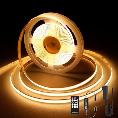 AXMOTUT COB LEDテープライト5m 24V 電球色 2700K 高輝度 調光可能 高密度 フレキシブル LEDテープライト 付きRF リモートおよび PSE認証電源 切断可能 取付簡単 工具不要 非防水 店舗 室内 ホーム装飾用 dbf3839f