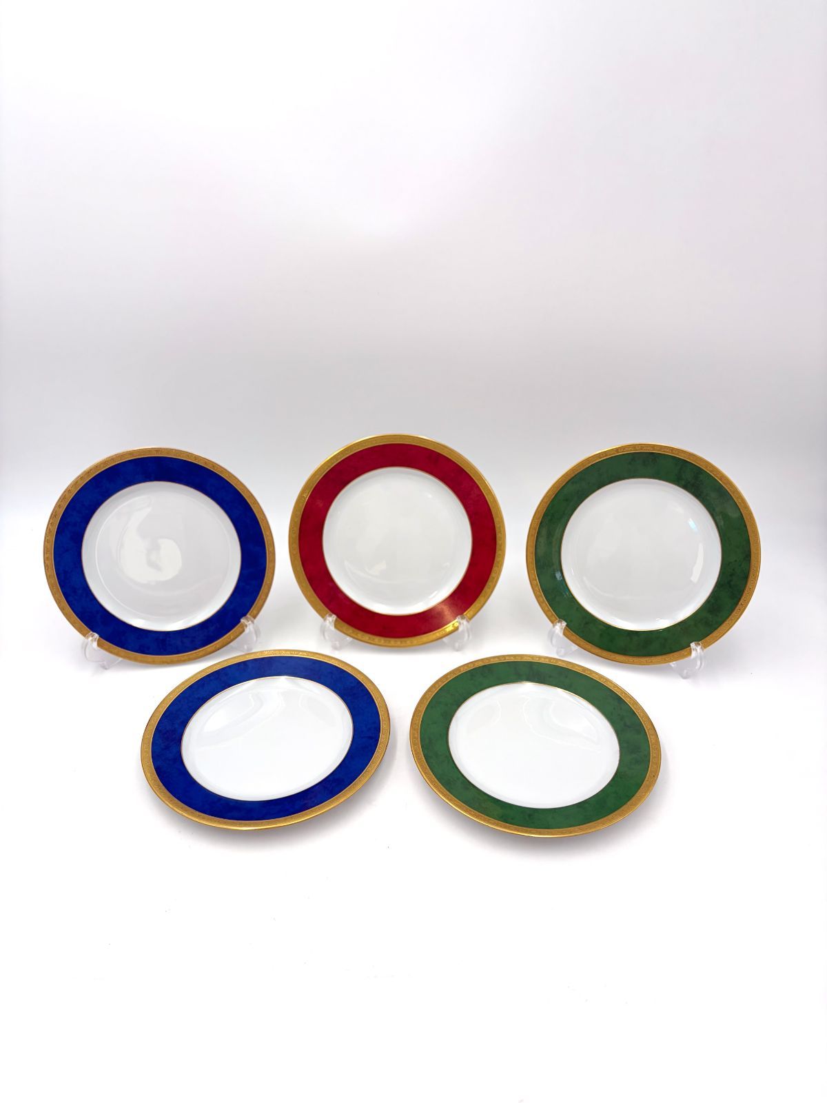 Haviland Limoges　アビランド リモージュ　シャンボール　chambord　ダブル金彩　瑪瑙磨き　グリーン　ブルー　ルビー色　プレート　19cm　5枚セット