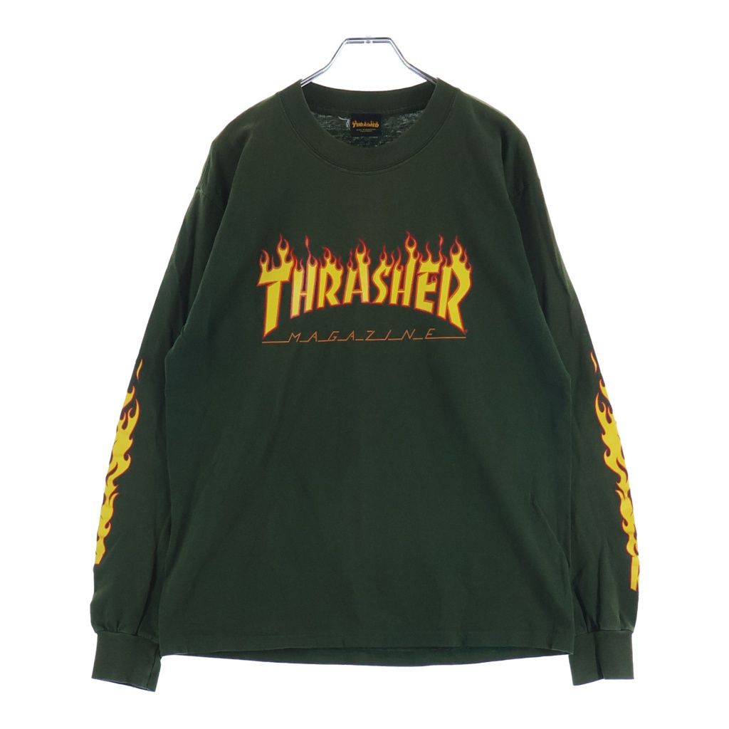THRASHER (スラッシャー) 00S VINTAGE L/S FIRE LOGO TEE ヴィンテージ ファイヤーロゴプリントTシャツ 長袖クルーネックカットソー カーキ 9,443円