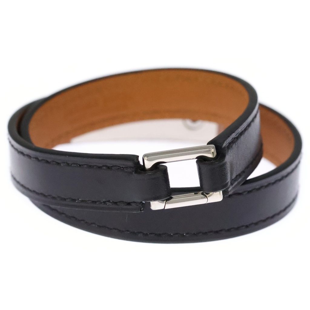 HERMES エルメス リヴァル ドゥブルトゥール レザー シルバー金具 スタッズ ブレスレット バングル □R刻印 ブラック/シルバー HERMES (エルメス) リヴァル ドゥブルトゥール レザー シルバー金具