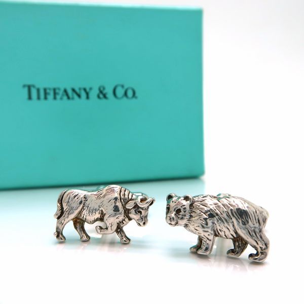 TIFFANY カフリンクス ブル&ベア 925 スウィブル式 T字 カフスボタン 雄牛 熊 ティファニー ◆送料込み◆質屋-12108