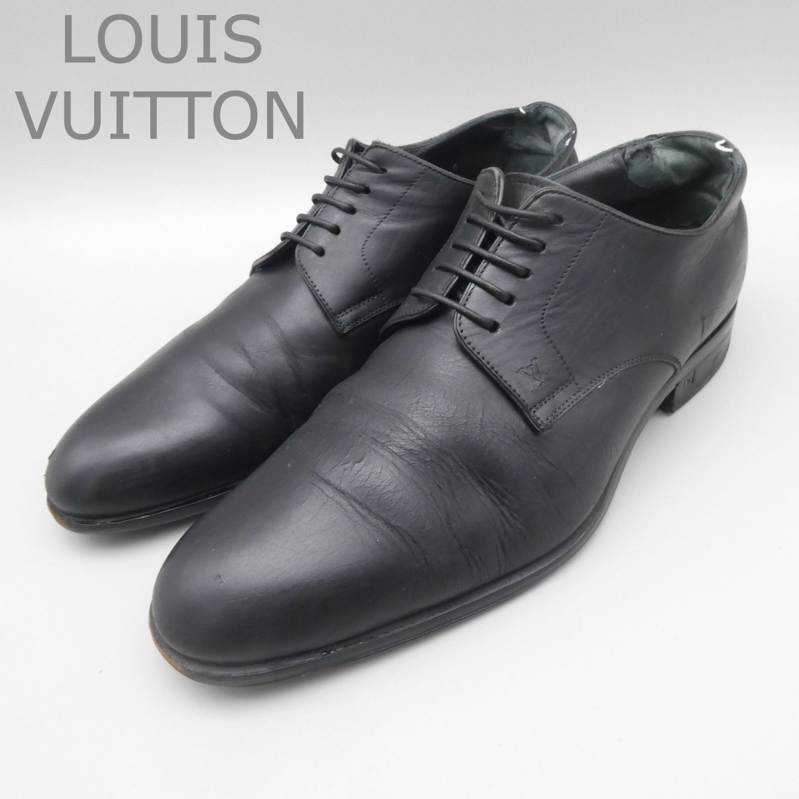 LOUIS VUITTON ルイヴィトン LVロゴ ビジネスシューズ 革靴 プレーントゥ レースアップ レザー ブラック サイズ5 24.5cm メンズ