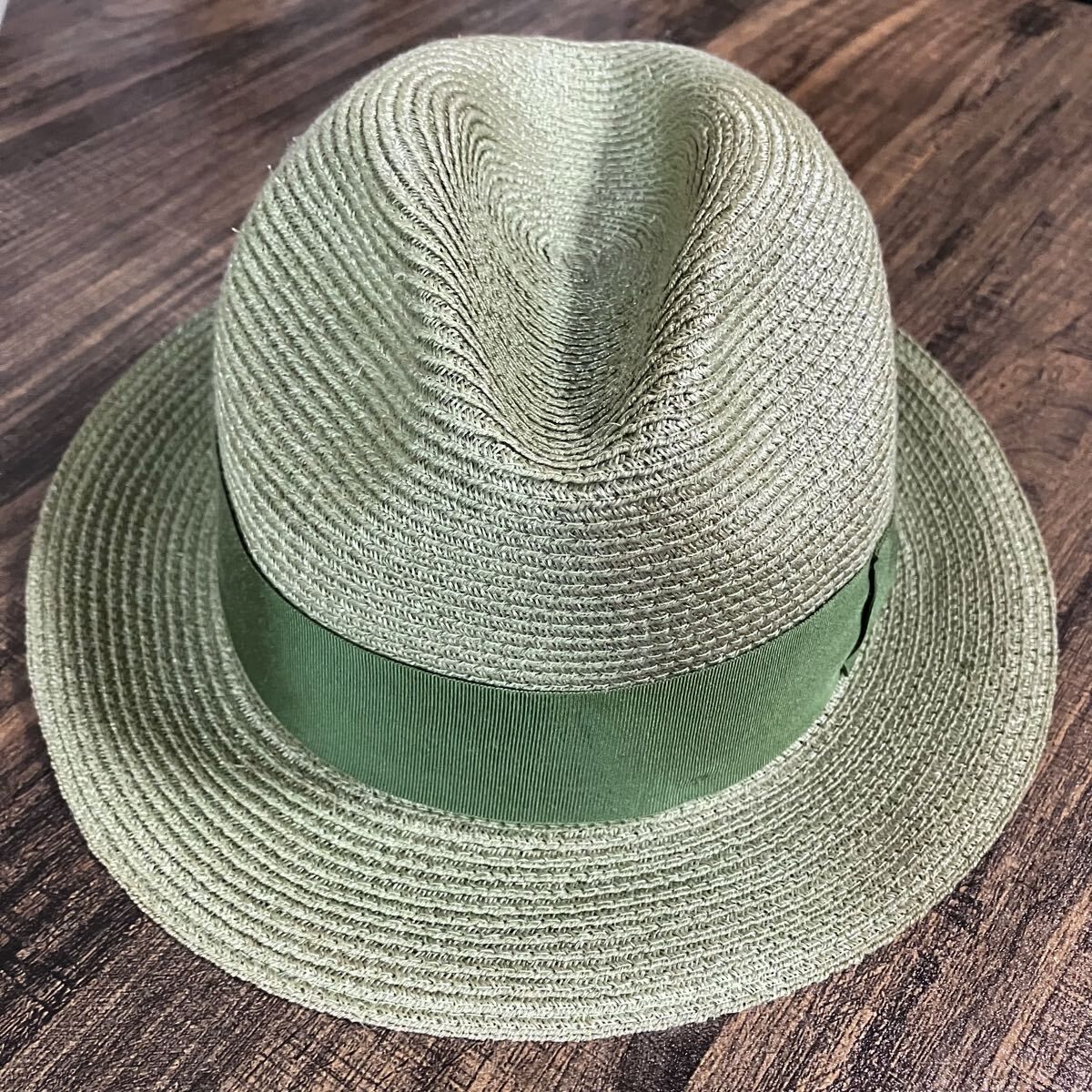 Borsalino 18.57 ボルサリーノ イタリア製 麻 ヘンプ100% リボン フェドーラ ストロー ハット size.57cm グリーン Made in Italy