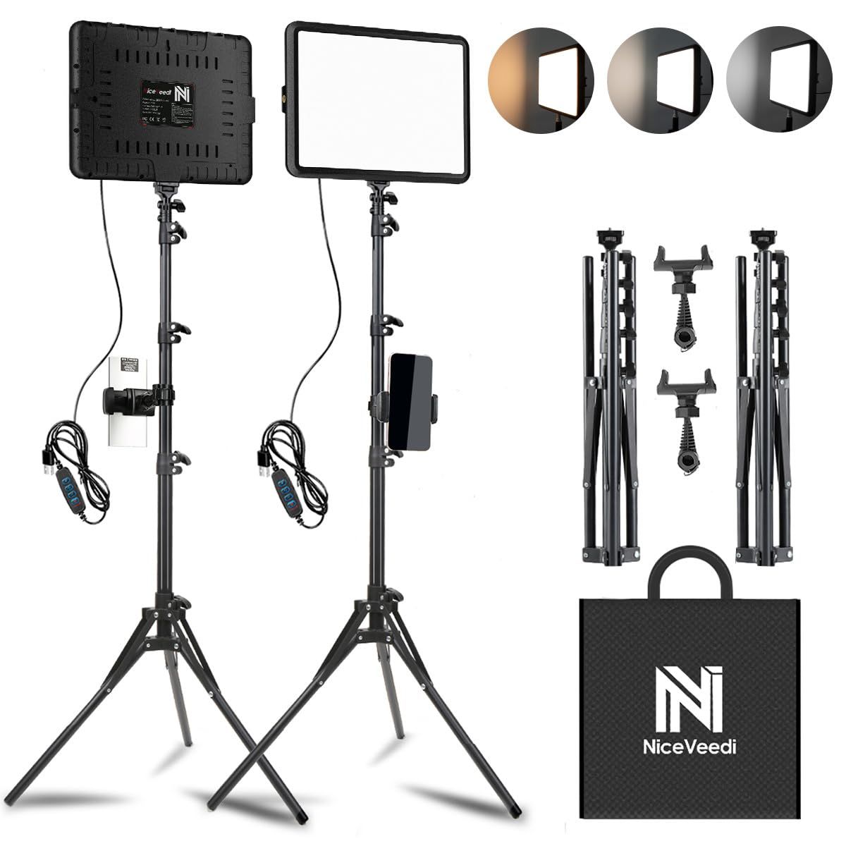 NiceVeedi 2パック撮影用ライト LEDビデオライト 写真スタジオ撮影 2800-6500K三色調光可能な照明撮影ライトキット 152cm調節可能な三脚とスマホホルダー付き 持ち込みやすい収納バッグ付き YouTube／会議／動画／生放送／ゲーム実 1