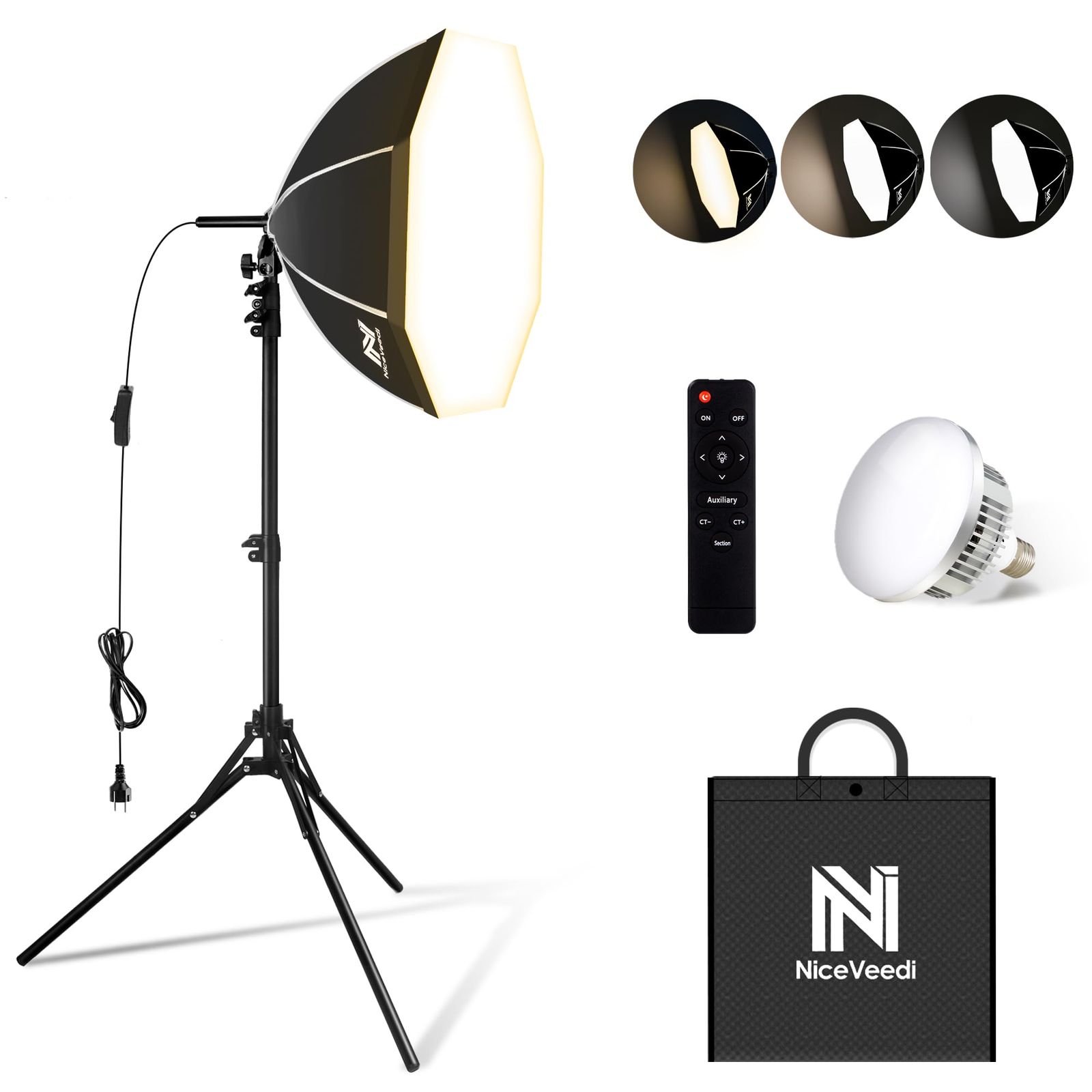 NiceVeedi 50cm八角形ソフトボックス 85W LED電球撮影用ライト 遠隔操作 3色ライトモード3000K-6000K 撮影用照明ライト 写真撮影照明用ソフトボックス 160cm調整可能三脚付き お持ち込みやすい 収納バッグ付き ポートレート 1