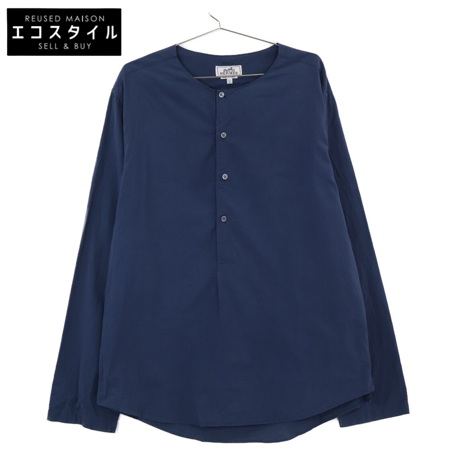 HERMES　エルメス　国内正規 21SS 11-5610 コットン シェルボタン シアサッカー ノーカラーロングスリーブシャツ　39