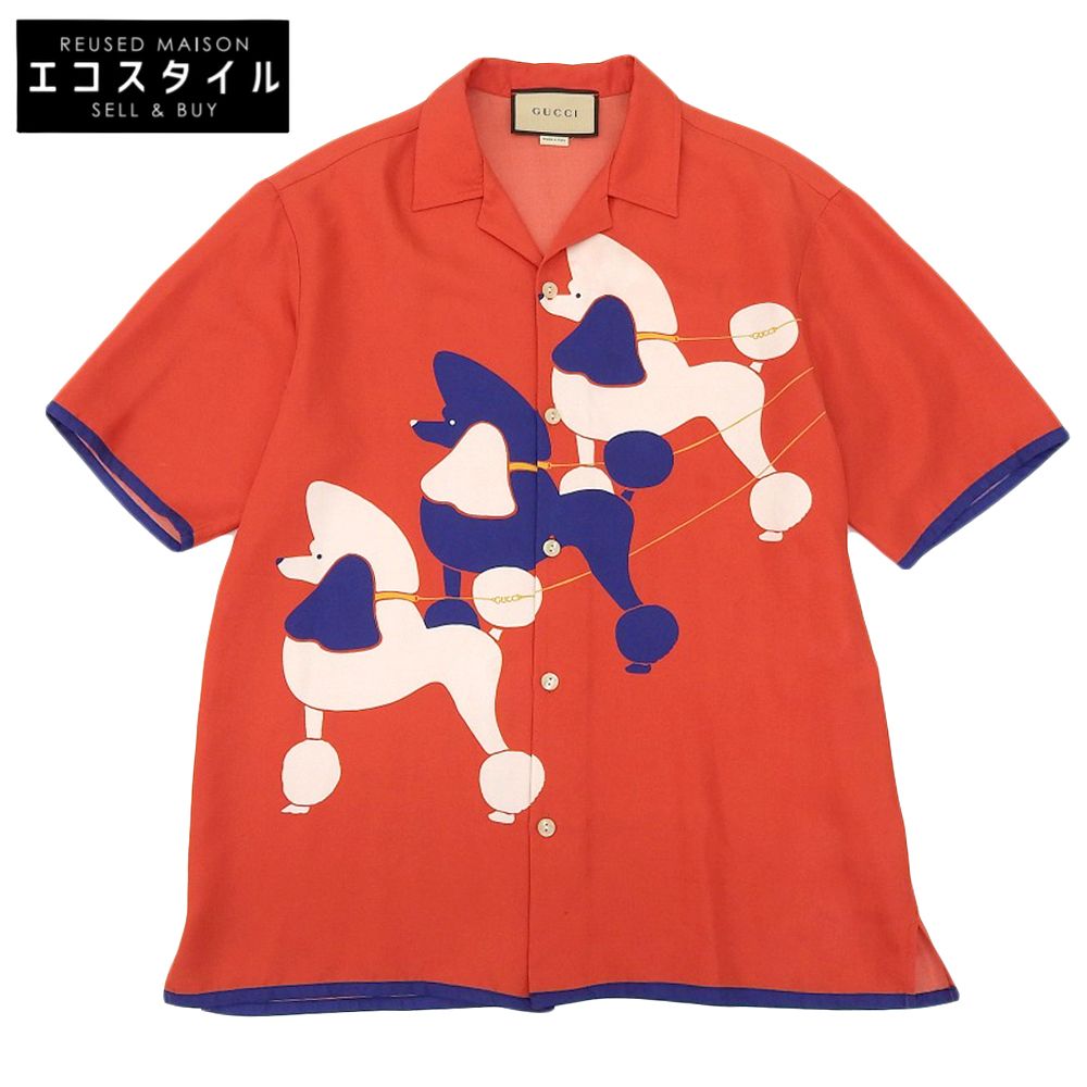 GUCCI　グッチ　シルクツイル ドッグプリント オープンカラーシャツ トップス メンズ レッド 44 740306 ZAMY0　44