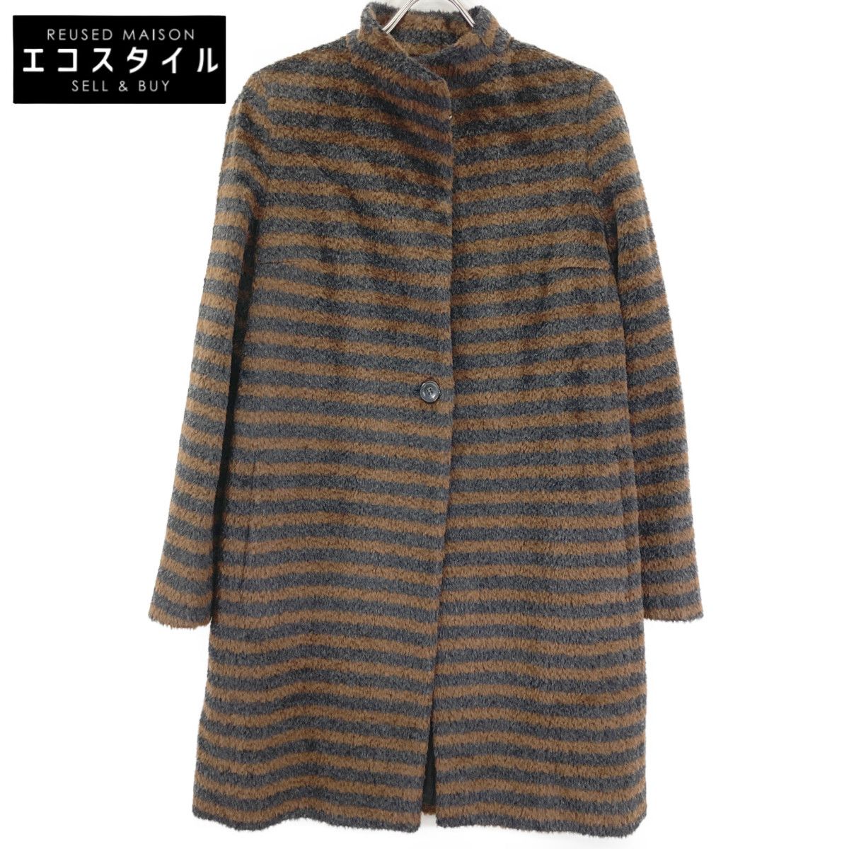 Max Mara　マックスマーラ　ブラウン×ブラック アルパカウール ボーダージャギーコート　42