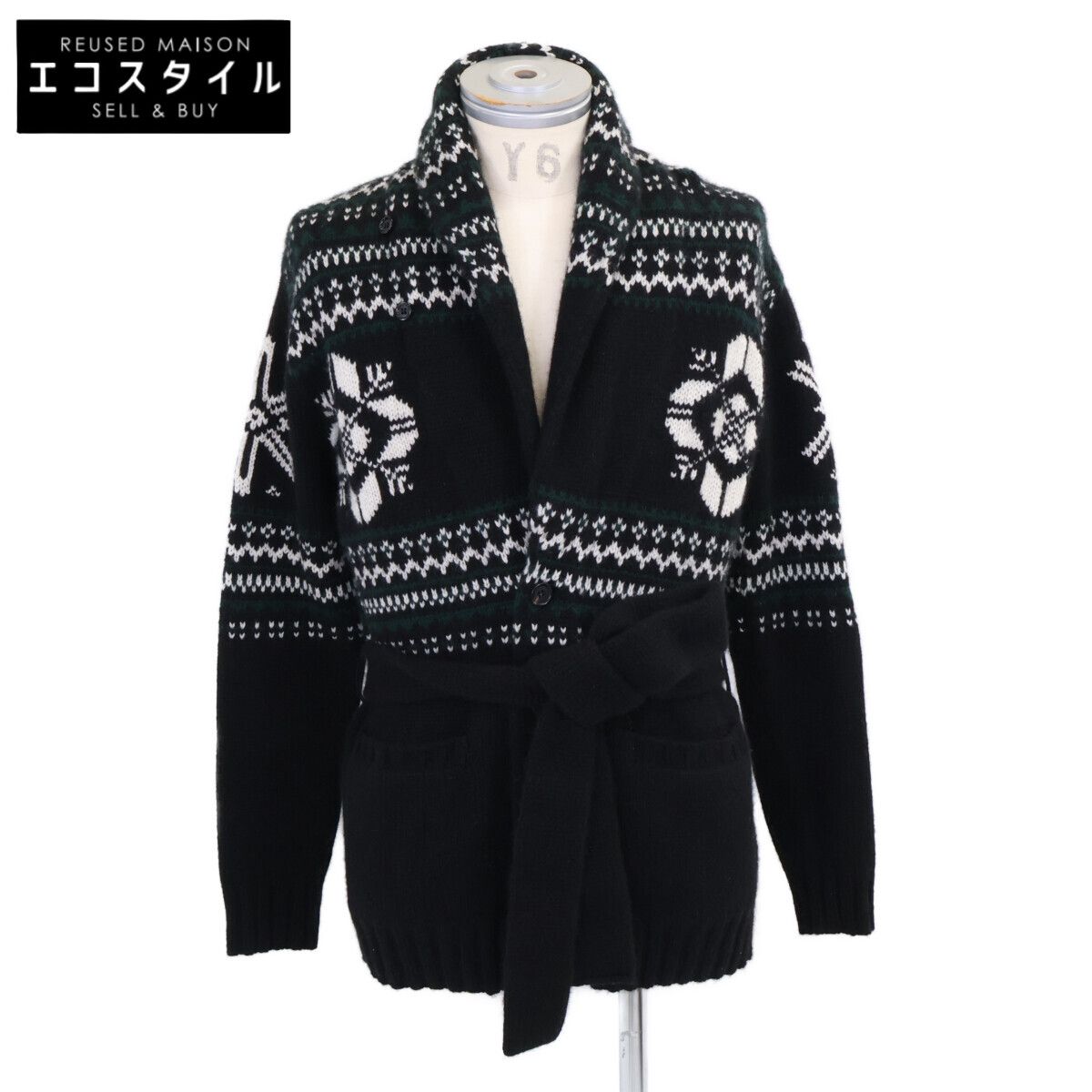 RalphLauren PURPLE LABEL　ラルフローレン パープルレーベル　24年製 790953470001 カシミヤ100 総柄 ハンドニット ベルテッドショールカラーカーディガン　XS