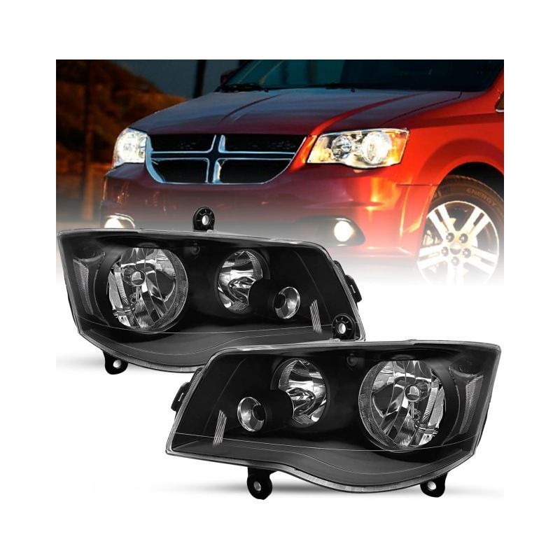 クライスラー Chrysler Town & Country / Grand Caravan 2008年〜2021年 フロントヘッドライト 左右セット クリアレンズ ブラックインナー PC素材 12V ハロゲン用 交換用