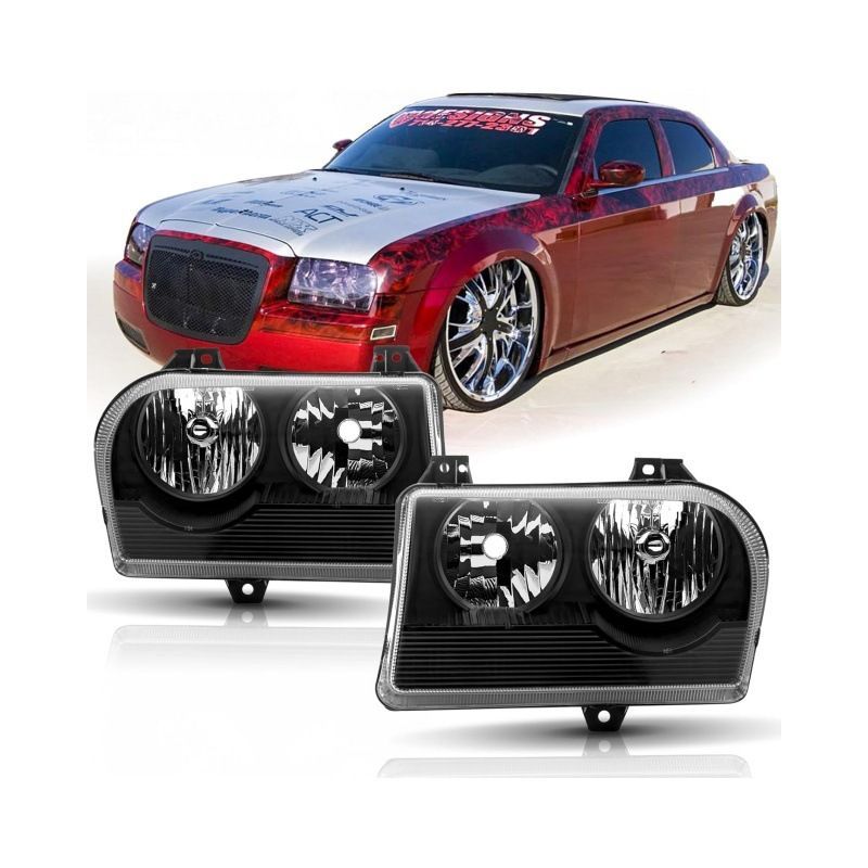 クライスラー Chrysler 300 300C 2005-2010年 フロントヘッドライトユニット 左右セット クリアレンズ ブラックインナー ハロゲン PC 12-24V ドレスアップ