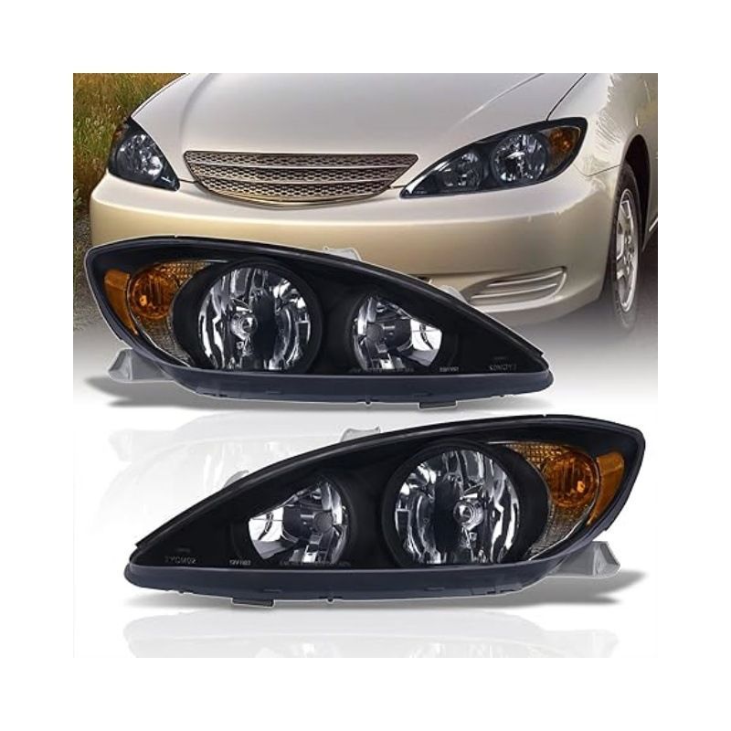 トヨタ Toyota カムリ CAMRY 2002-2004年 ヘッドライト 左右セット クリアレンズ ブラックインナー アンバー部品 PC ハロゲン 12-24V 交換取付式