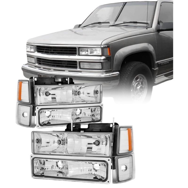 シボレー Chevrolet C/K 1500 2500 3500 1994-1999年対応 フロントヘッドライト 左右セット クリアレンズ ホワイトフレーム アンバーリフレクター PC素材 12V 55W ハロゲン