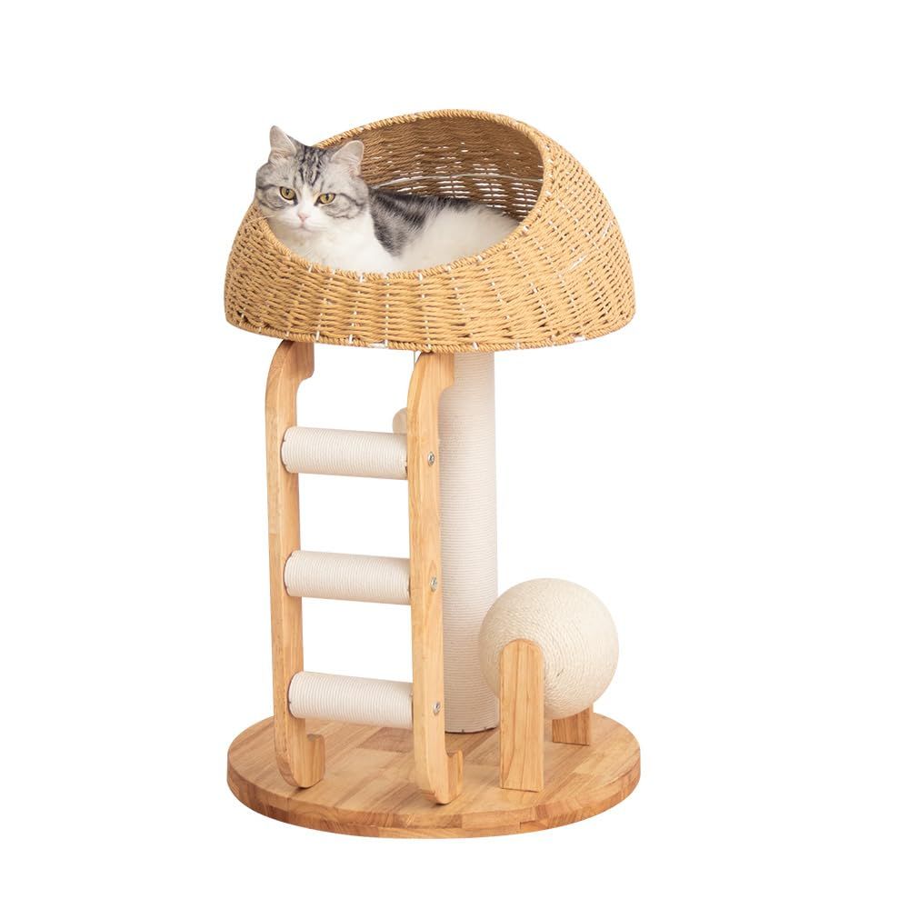 LULUCAT 【コンパクトで多機能！】 キャットタワー 木製 据え置き 【販売元LULUCAT OFFICIAL】宇宙船 スリム コーナー 天然木 おしゃれ クリアボウル 多頭飼い 子猫 キャットツリー 猫タワー インテリア 安定感 シンプル 爪とぎ 安定