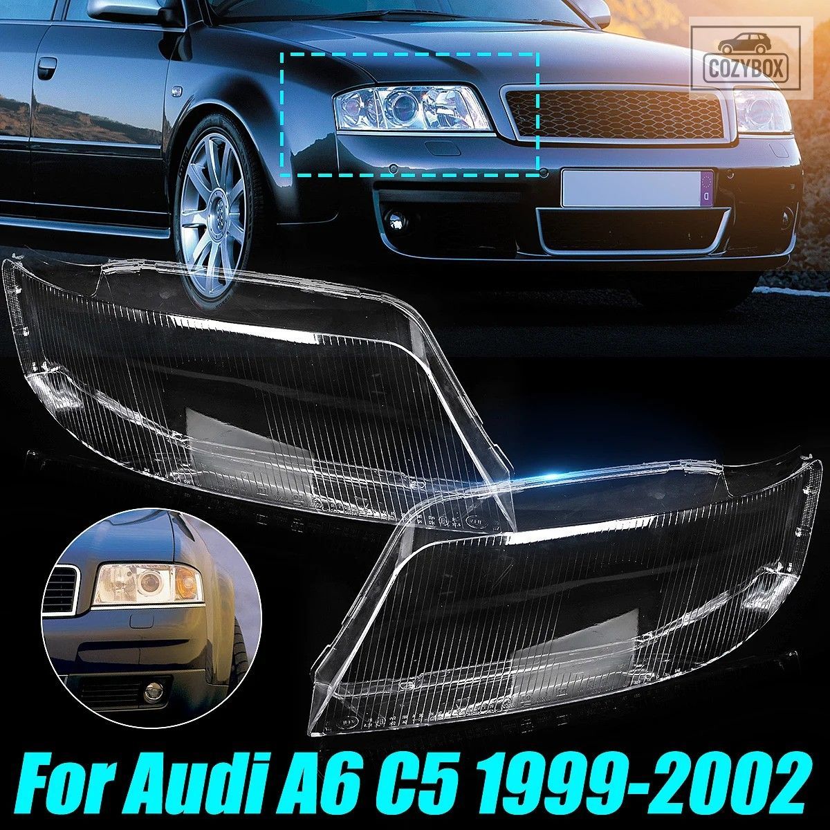 左右の ヘッドライトレンズ カバー アウディ A6 C5 1999-2002 クリアランプシェード