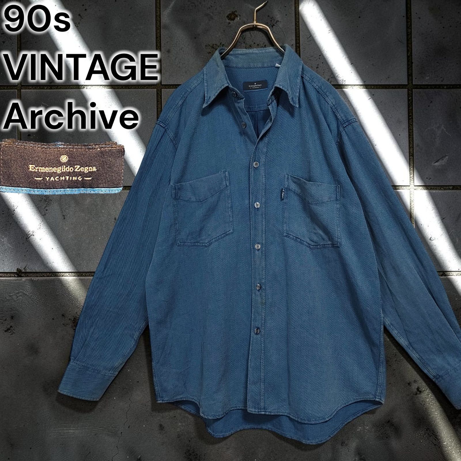 90s Ermenegildo Zegna VINTAGE Archive イタリア製 極上 落ち感 ストライプ 長袖 ボタンダウン フラップ ワーク シャツ インディゴ ブルー 肉厚 コットン 織り柄 三喜商事 襟ボタン欠損 替えボタン付き XLサイズ相当