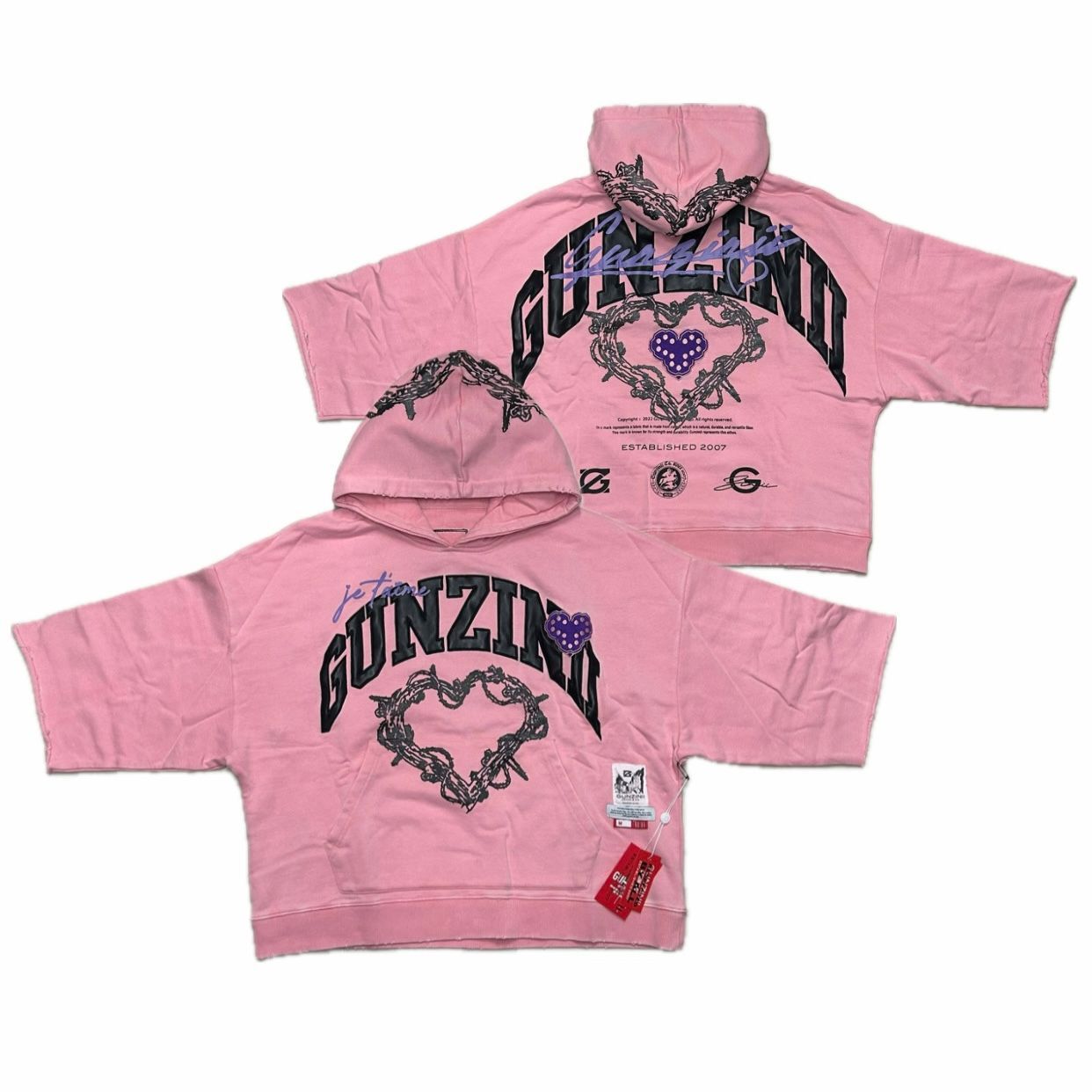 米国シカゴ発 Gunzinii ガンジーニ Cropped Hoodie クロップ丈 スウェット半袖パーカー ピンク (CropT56)