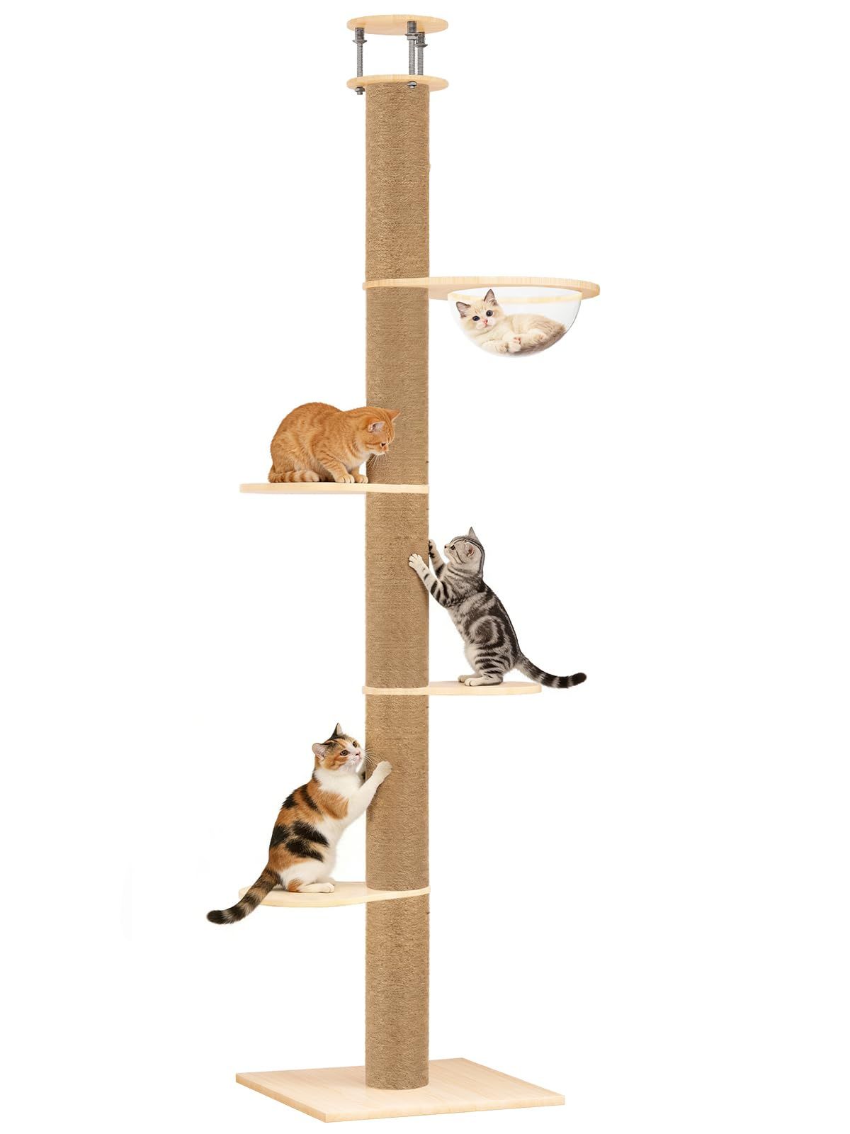 「無垢材」 U-YocanPet キャットタワー 突っ張り スリム 木製 宇宙船ハンモック付き 多頭飼い 猫タワー 省スペース シングル 大型猫用 安定性良い 高さ調整幅230ー280cm 太い支柱爪とぎ 全縄巻き 運動不足 ストレス解消
