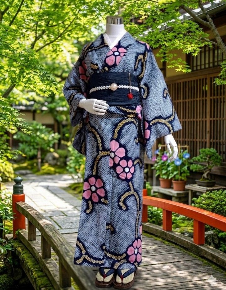有松絞り 総絞り 浴衣 藍染 ブルー 木綿 夏着物 花火大会 祭 Q5 高級浴衣 有松鳴海絞り 総絞り 藍色 ピンク 木綿 夏着物 絞りゆかた