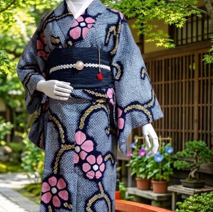 高級浴衣 有松鳴海絞り 総絞り 藍色 ピンク 木綿 夏着物 絞りゆかた